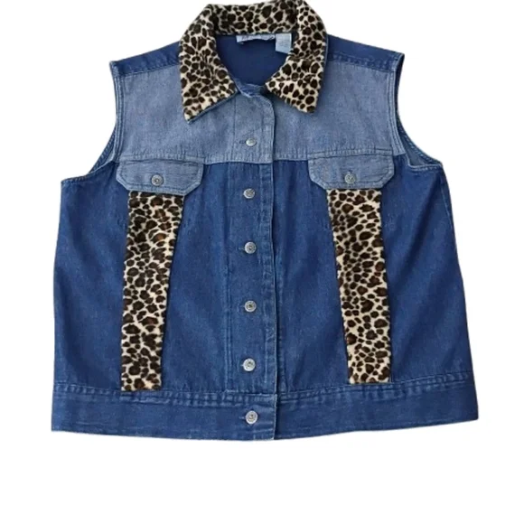 Marisol Y2K Two-Tone Demin Leopard Animal Print Jean Vest Small Boho Urban Chic - Picture 7 of 11